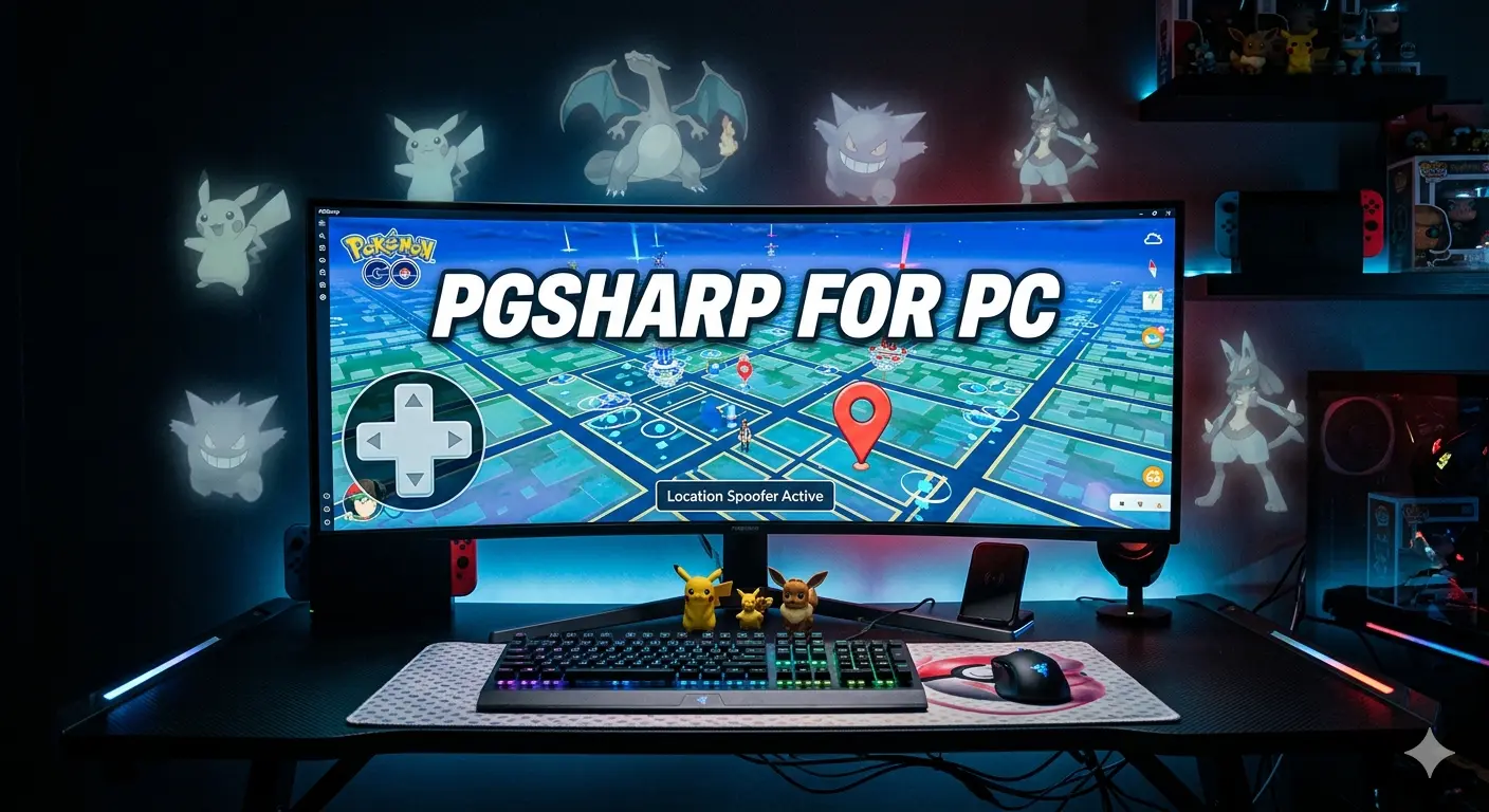 A high-end gaming PC setup featuring an ultrawide curved monitor displaying a Pokémon GO map with a joystick overlay, used for PGSharp for PC.