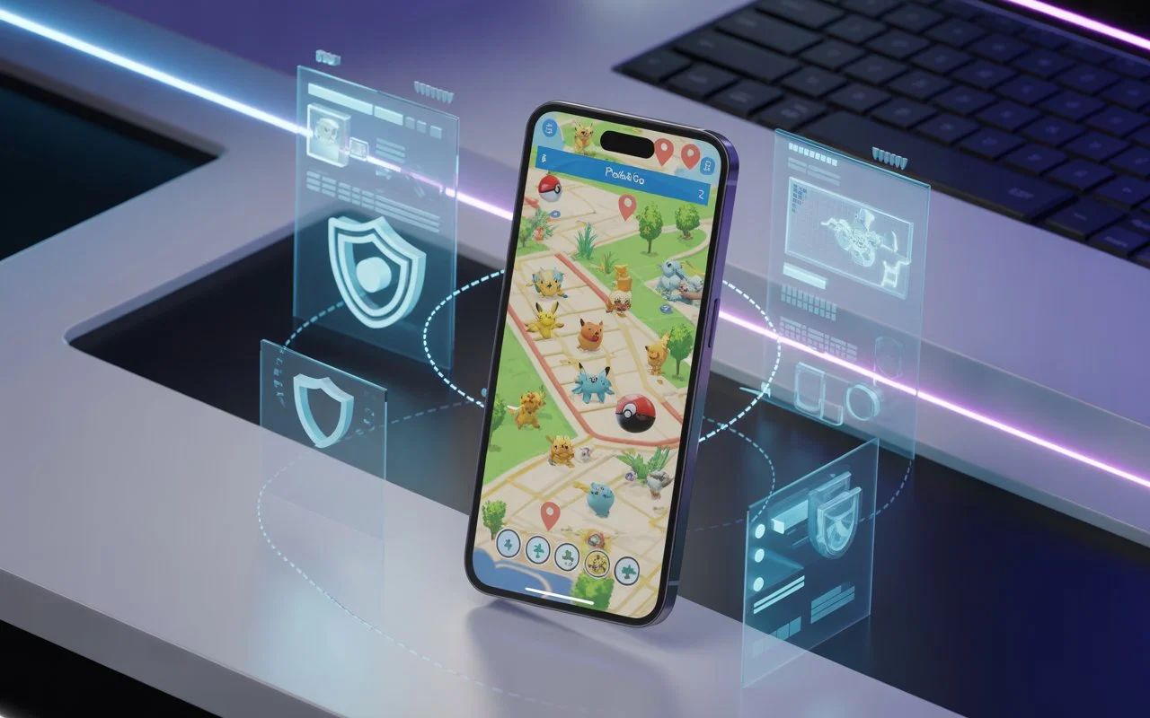 Smartphone showing Pokémon GO map with GPS spoofing interface, illustrating how to fake GPS in Pokémon GO safely in 2026 using PGSharp APK