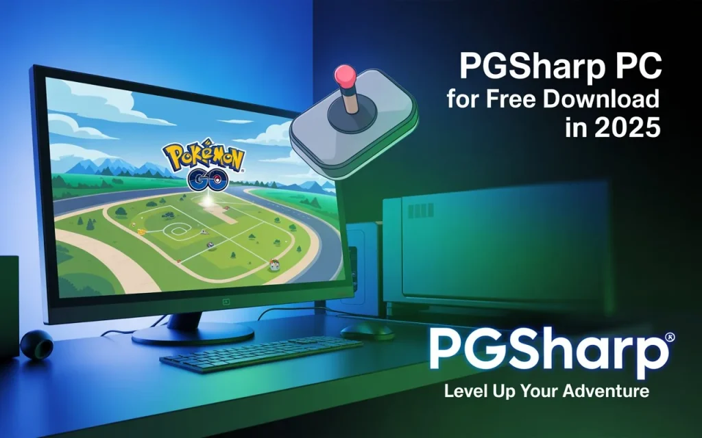 A computer screen displaying Pokémon GO with a joystick icon, promoting PGSharp for PC free download in 2025.