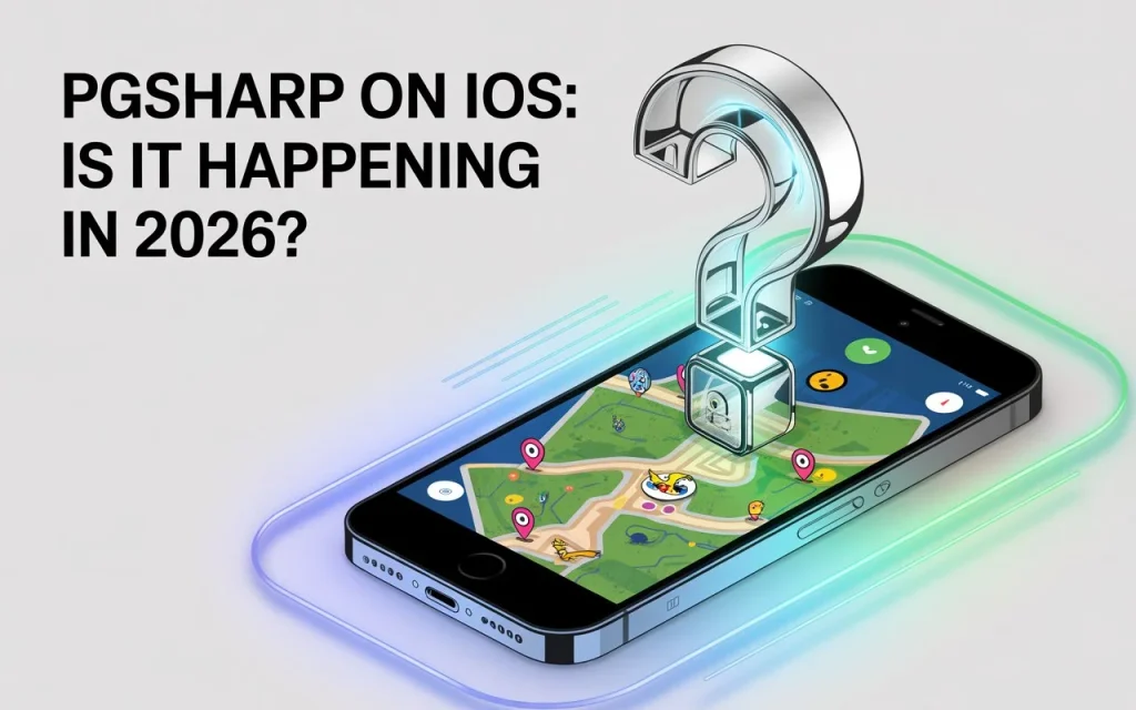 PGSharp for iOS concept on iPhone screen with Pokémon GO map, futuristic design, and question mark showing 2026 availability uncertainty