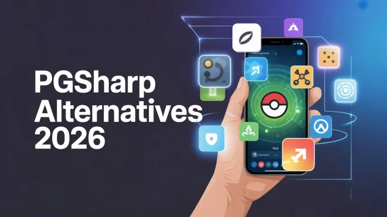 Pokémon GO player holding smartphone with PGSharp and top 10 spoofing app alternatives highlighted, joystick and teleport icons visible