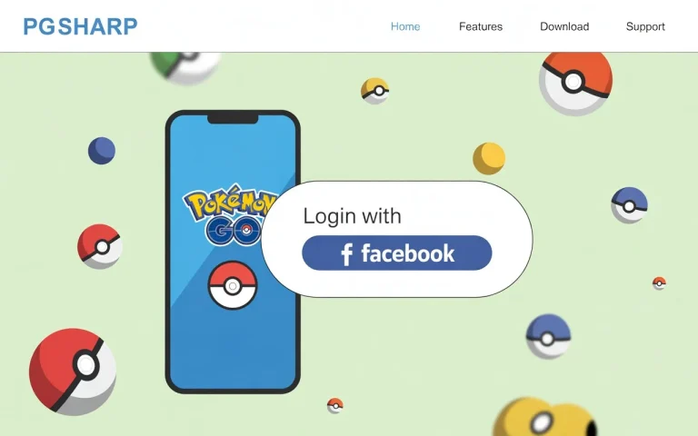 link facebook account with PGSharp login screen showing a smartphone with the Pokémon GO logo and a large 'Login with Facebook' button surrounded by Poké Balls.