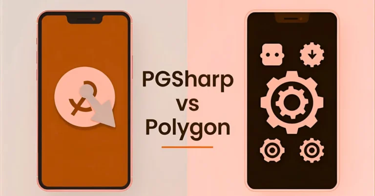 PGSharp vs Polygon comparison illustration showing two smartphones side by side, one with joystick control and the other with automation icons.