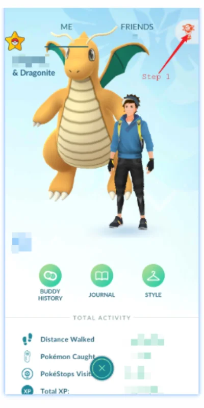 Pokémon Go profile screen showing step 1 to link Facebook account in PGSharp