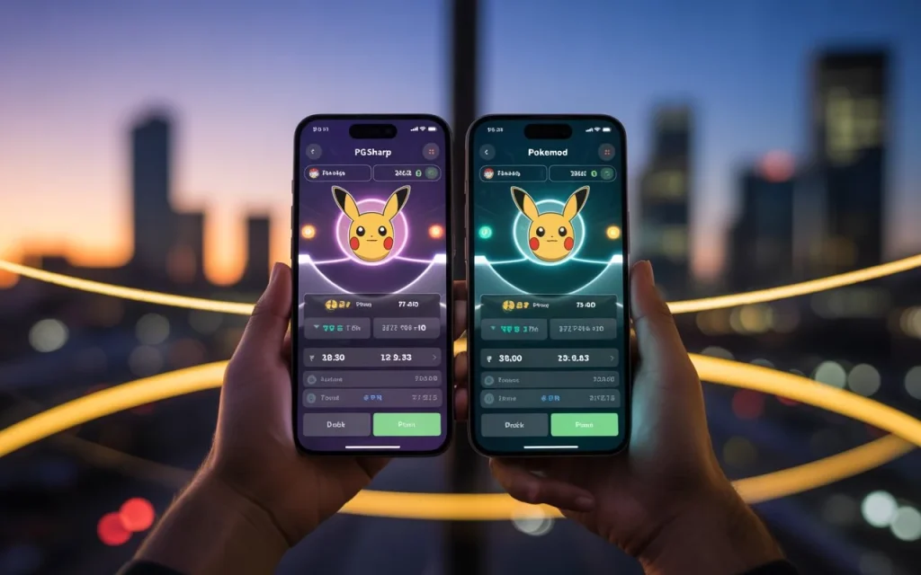 Two smartphones side by side displaying PGSharp vs Pokemod interfaces in Pokémon GO, showing Pikachu stats with joystick features at sunset city background.