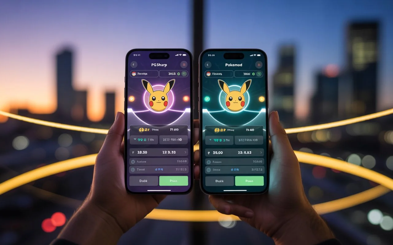 Two smartphones side by side displaying PGSharp vs Pokemod interfaces in Pokémon GO, showing Pikachu stats with joystick features at sunset city background.