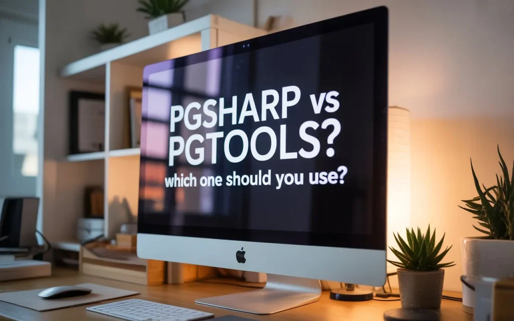 Computer screen showing PGSharp vs PGTools comparison text asking which spoofing app to use.