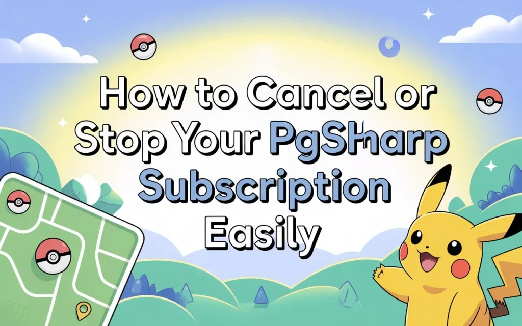 Guide on how to cancel or stop your PGSharp subscription easily with Pokémon-themed background and Pikachu illustration.