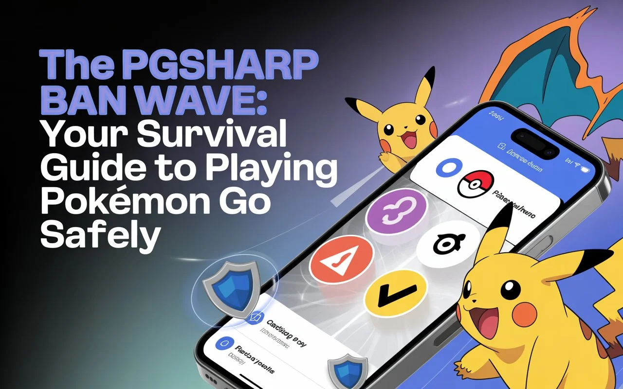 PGSharp ban wave survival guide for playing Pokémon GO safely, showing the app logo with warning text.