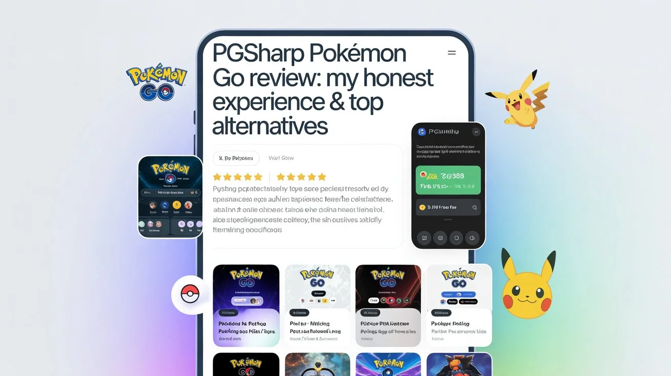 A promotional webpage on a large smartphone screen displaying the title “PGSharp Pokémon Go review: my honest experience & top alternatives,” surrounded by Pokémon Go graphics, Pikachu characters, and app interface screenshots.