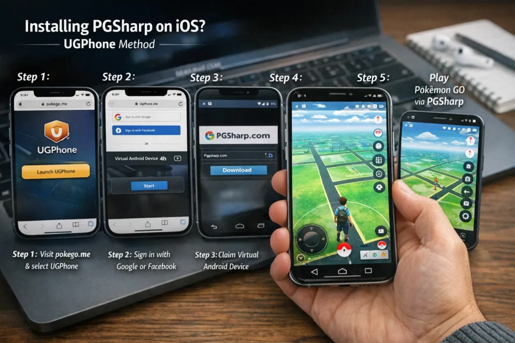 Step-by-step guide showing how to install PGSharp on iOS using UGPhone cloud Android device, with Pokémon GO gameplay displayed on virtual phone screens.