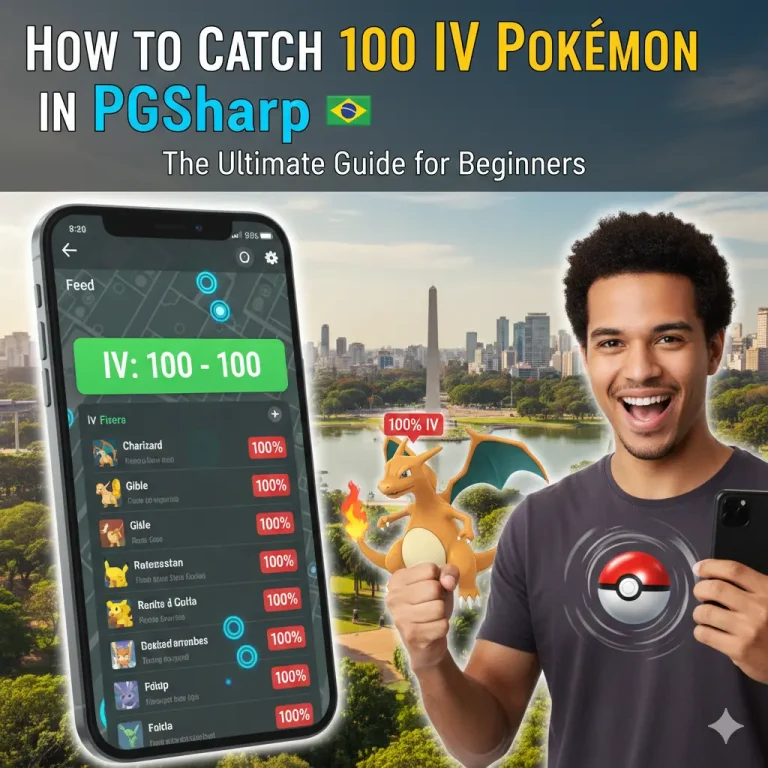 How to catch 100 IV Pokémon in PGSharp showing IV 100 list on mobile screen, Charizard 100% IV, and a beginner-friendly Pokémon Go spoofing guide