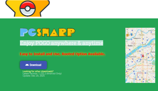 PGSharp hero image showing Pokémon GO gameplay with joystick, teleport, and map features on Android, highlighting premium spoofing tools