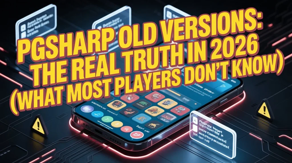 Digital illustration of a smartphone showing PGSharp tools with bold text saying ‘PGSharp Old Versions: The Real Truth in 2026 (What Most Players Don’t Know).