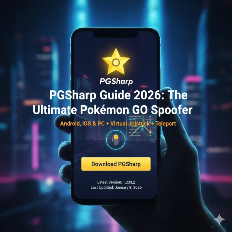 PGSharp APK Guide 2026: A high-tech smartphone display featuring the ultimate Pokémon GO spoofer with Virtual Joystick and Teleport features.