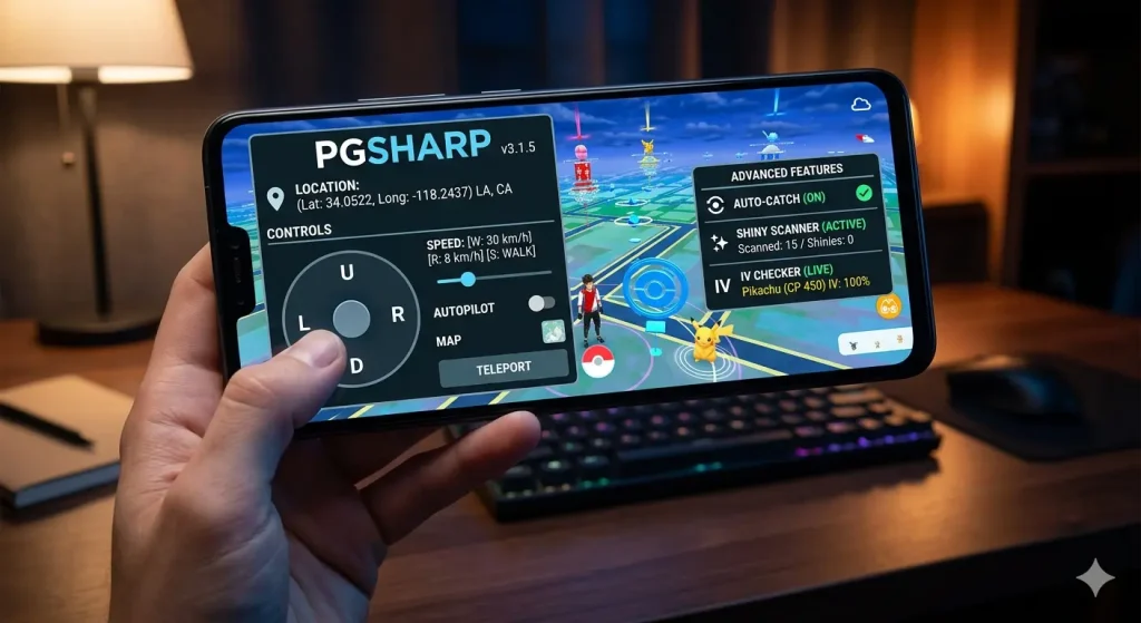 A hand holding a smartphone displaying a detailed PGSharp APK interface for Pokémon GO with a virtual joystick and custom menus over the original game map.
