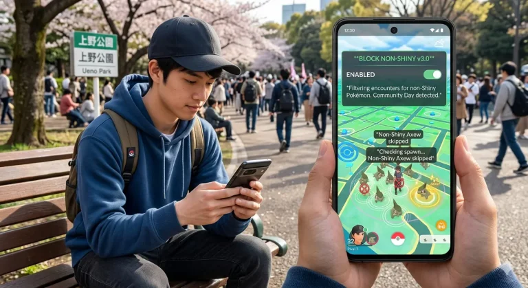 A split-screen composition showing a man sitting on a park bench in Ueno Park, Tokyo, using his phone, while a close-up POV shot displays a smartphone screen with a modified Pokémon GO interface. The interface features a menu titled "BLOCK NON-SHINY v3.0" with an active toggle switch. Automated log messages on the map show that non-shiny Axew spawns are being automatically skipped during a Community Day event.