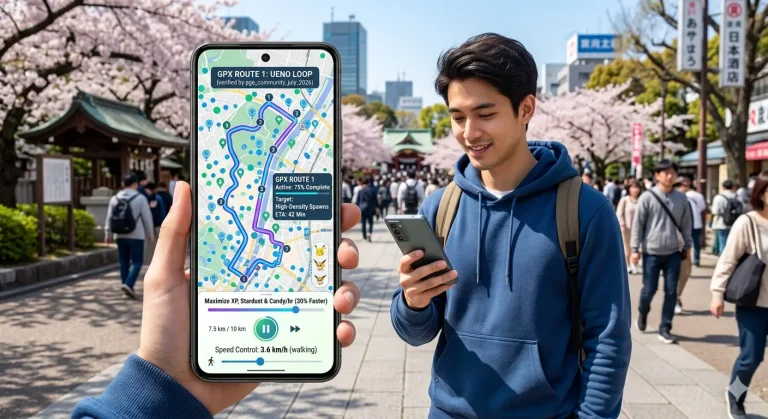 A split-screen view showing a close-up POV of a smartphone screen overlaying an automated map route titled "GPX ROUTE 1: UENO LOOP (verified by pgo_community_july_2026)". On the right, a smiling man wearing a blue hoodie looks at his own phone while walking through a crowded plaza with blooming cherry blossom trees in Japan.