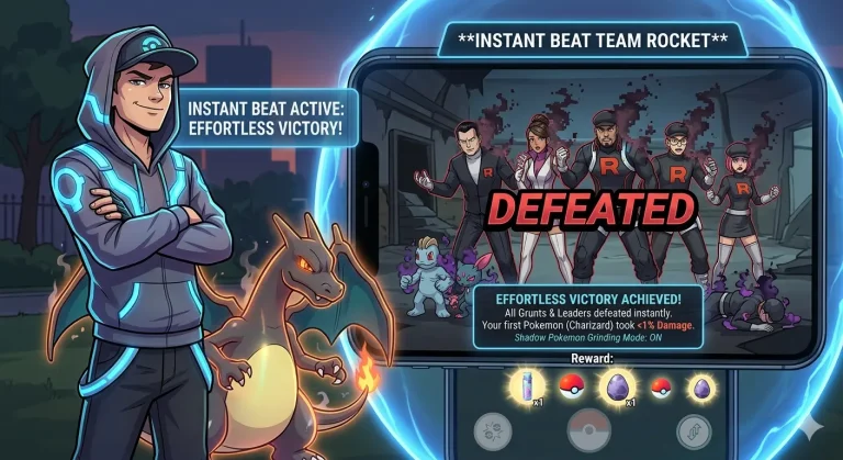An digital illustration showing a mobile screen with an menu overlay titled "INSTANT BEAT TEAM ROCKET". The screen displays Team Rocket leaders Giovanni, Sierra, Cliff, Arlo, and a Grunt under a bold red "DEFEATED" stamp, alongside an in-game notification stating all leaders were beaten instantly with minimal damage to Charizard. To the left, a smiling trainer in a glowing blue hoodie stands confidently with a Charizard.