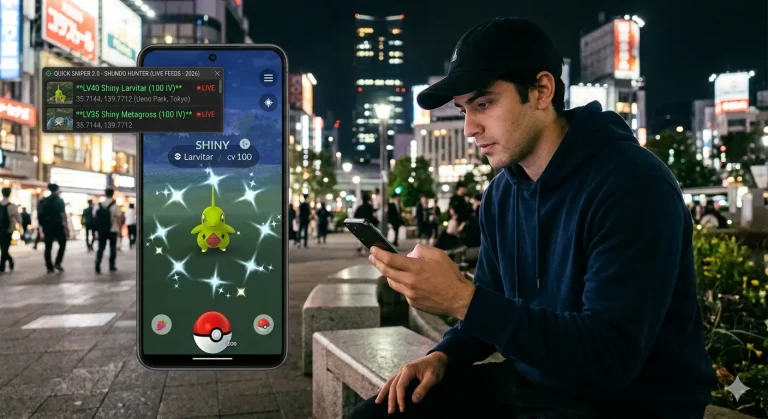 A smartphone display, set in a blurred Tokyo night street background, showing a custom Pokémon GO app overlay interface labeled "QUICK SNIPER 2.0 - SHUNDO HUNTER (LIVE FEEDS - 2026)". It lists specific coordinates for a Shiny Larvitar (100 IV) and a Shiny Metagross (100 IV). A man is simultaneously looking at his own separate phone.
