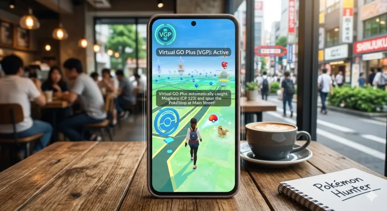 A smartphone resting on a wooden cafe table displays a modified Pokémon GO interface with a "Virtual GO Plus (VGP): Active" overlay. The screen shows an automated message stating it has caught a Magikarp and spun a PokéStop. Next to the phone is a cup of cappuccino and a notepad labeled "Pokémon Hunter," with a blurred view of a Tokyo street visible outside the window.
