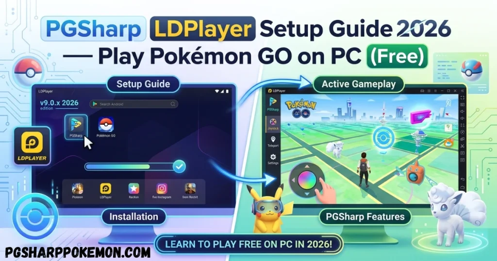 PGSharp LDPlayer Setup Guide 2026 showing Pokémon GO gameplay on PC with joystick, teleport features, and free installation process.