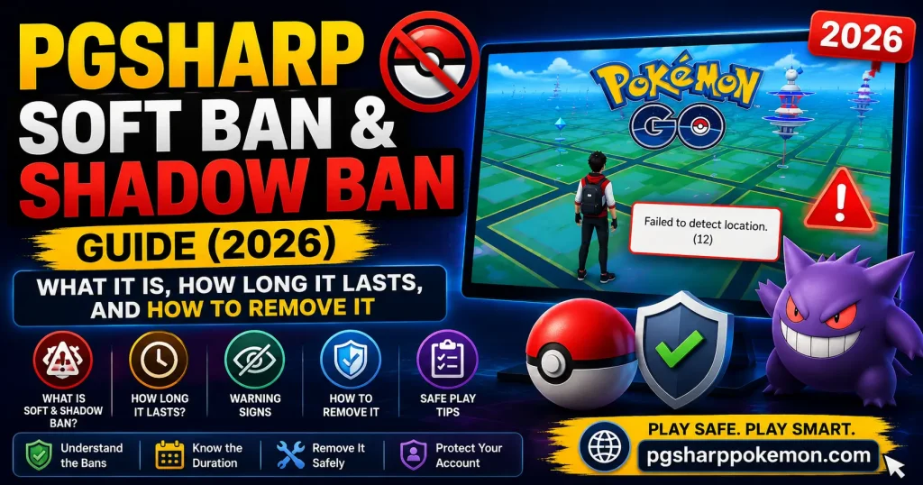 PGSharp Soft Ban & Shadow Ban Guide (2026) thumbnail showing Pokémon GO gameplay, warning icons, ban recovery tips, and account safety information.