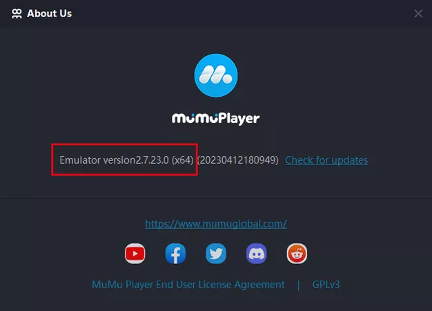 MuMu Player emulator version 2.7.23.0 x64 About Us screen