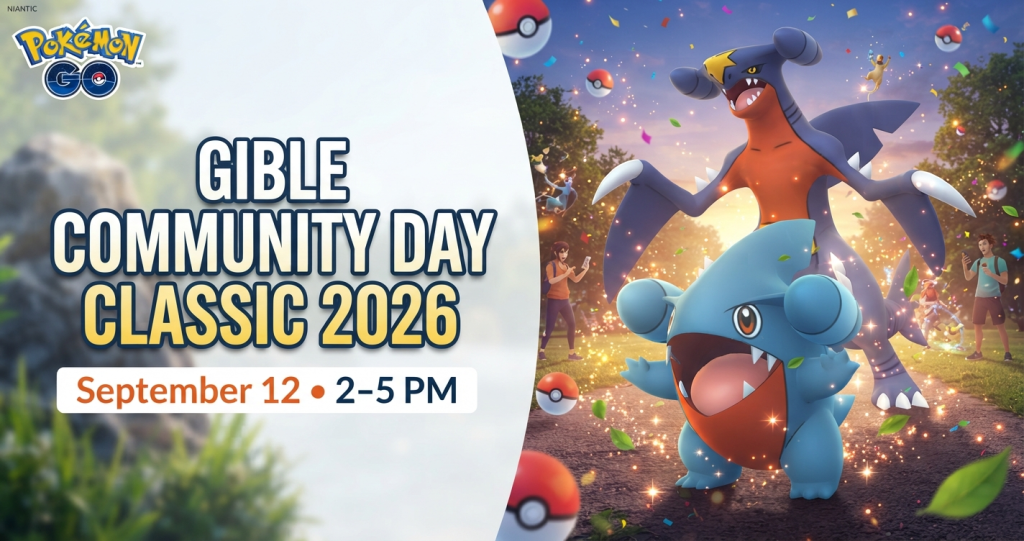 A 1200x630 Facebook news banner for Pokémon GO, featuring a clean white-to-transparent text panel on the left with bold text reading "GIBLE COMMUNITY DAY CLASSIC 2026" and "September 12 • 2–5 PM", alongside an energetic, cute Gible in the foreground and a towering Garchomp in the background within an outdoor park setting filled with glowing particles and floating Poké Balls.