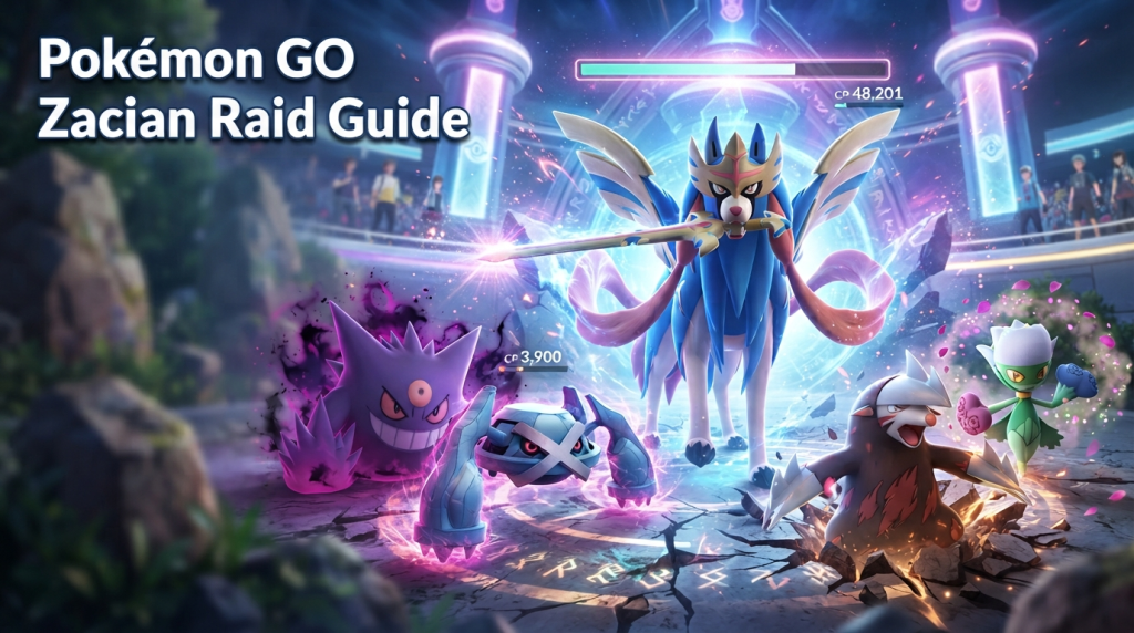 A promotional game graphic titled "Pokémon GO Zacian Raid Guide" featuring the Legendary Pokémon Zacian (Crowned Sword Form) as a raid boss in a stadium arena, surrounded by player-chosen Pokémon counters including Gengar, Metagross, Excadrill, and Roserade, with a health bar visible above the boss.